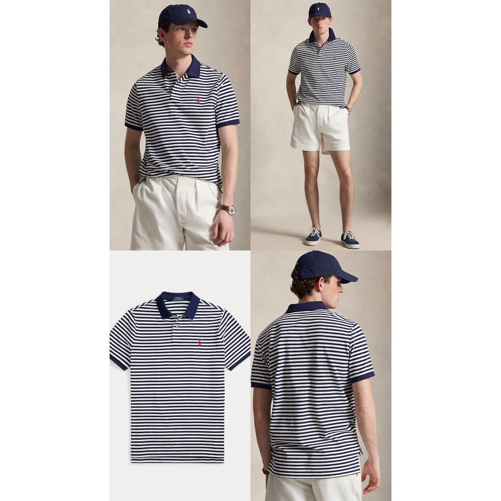 Polo Ralph Lauren Mens XL Striped Short Sleeve‎ Polo Shirt Navy Blue White Pony